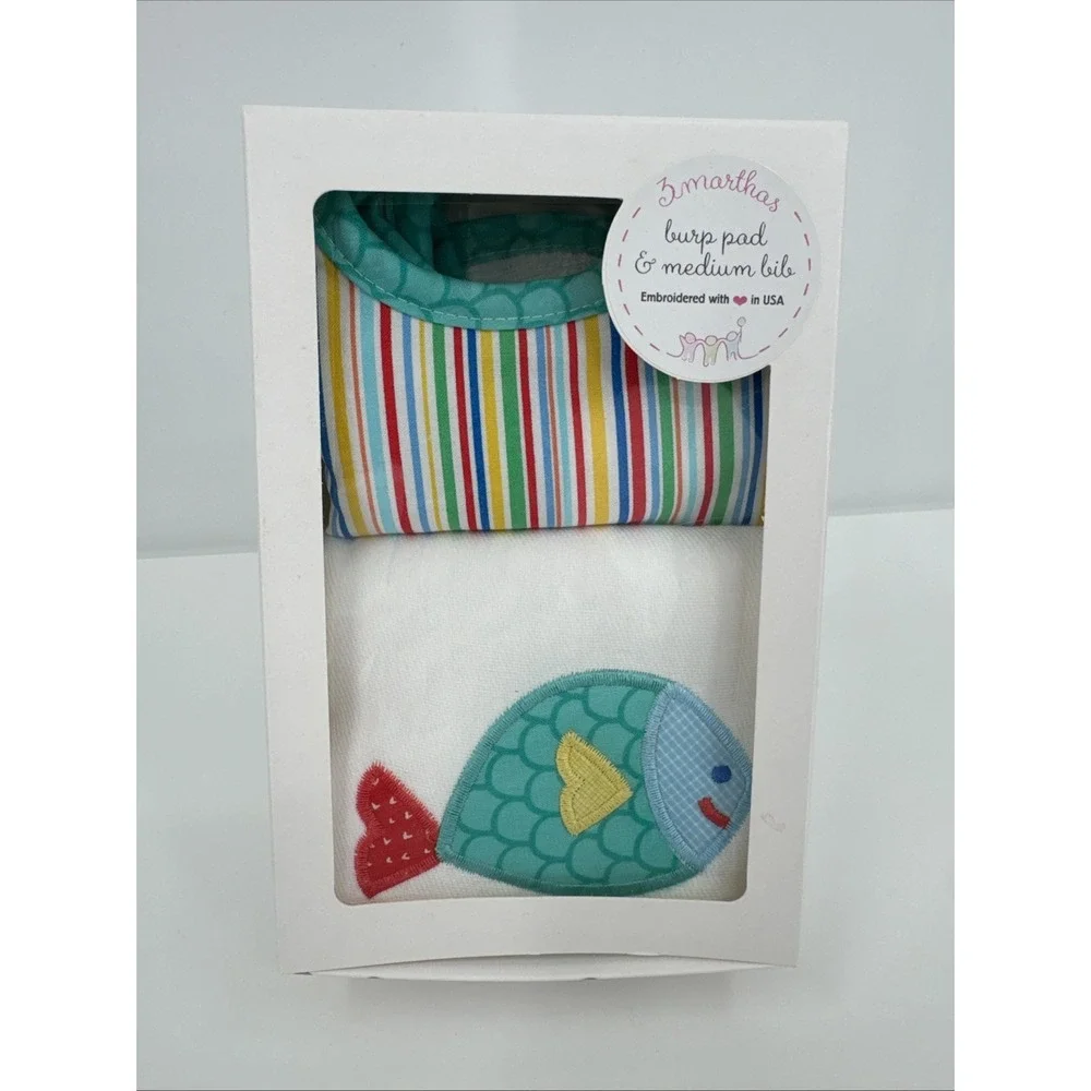 3 MARTHAS‎ Multi Color Fish Medium BIB AND BURP Pad BOXED GIFT SET-NIB
